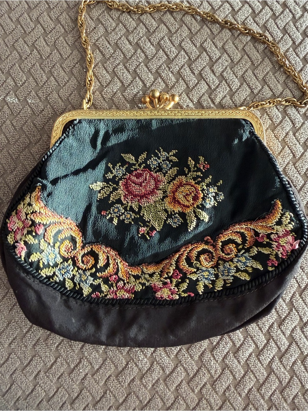 Vintage Black Silk Floral Embroidered Evening Bag with Gold Frame and Chain
